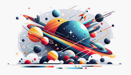 Abstract space background with planets, stars and comets. Vector illustration.の素材