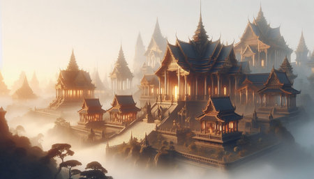 3D Illustration of a Buddhist temple in a foggy morningの素材