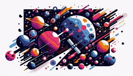 Cosmic background with planets, stars and space objects. Vector illustration.の素材