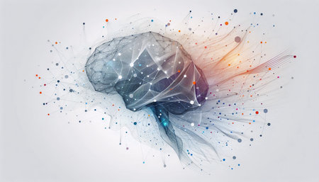 3D rendering of a human brain on a white background with particlesの素材