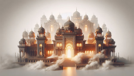 The Taj Mahal in the fog, India. 3D renderingの素材