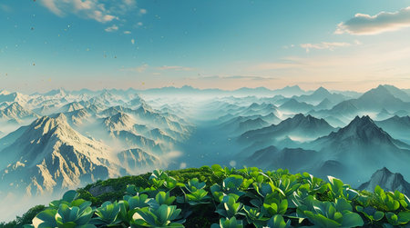 Mountain landscape with green grass and blue sky. 3d renderの素材