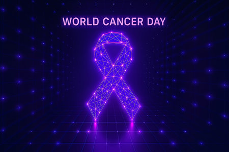 World Cancer Day banner. Polygonal illustration of a purple ribbon on a dark background.の素材