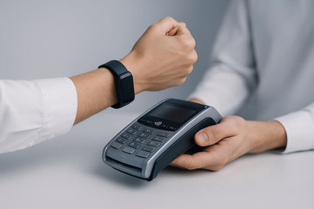 cropped shot of doctor using contactless payment terminal isolated on greyの素材