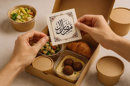 cropped view of woman taking card from cardboard box with healthy foodの素材