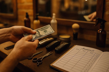 Hands of a man holding a dollar banknote with a notepad in a barbershopの素材