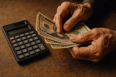 Hands of an elderly woman counting money with a calculator on a brown backgroundの素材