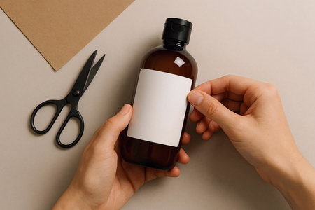 Female hands holding brown bottle with blank label and scissors on gray backgroundの素材