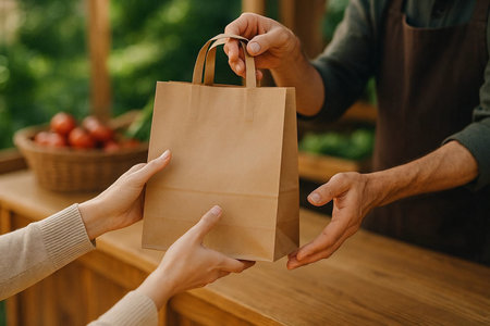 cropped shot of man and woman holding paper shopping bags in cafeの素材
