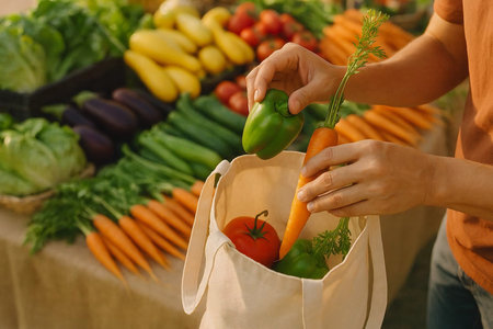 Woman holding a shopping bag with fresh vegetables on the market, closeupの素材