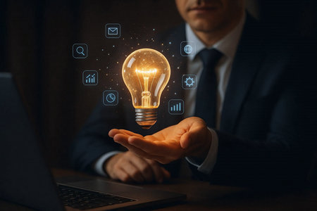 Businessman holding a glowing light bulb in his hand. Business idea concept.の素材