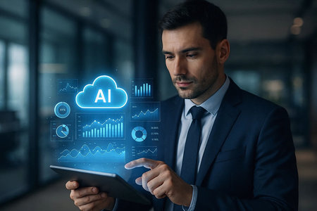 AI, Artificial intelligence, Cloud computing and IOT concept. Businessman using tablet computer in office.の素材