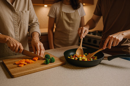 cropped shot of family preparing vegetable salad in kitchen at home togetherの素材