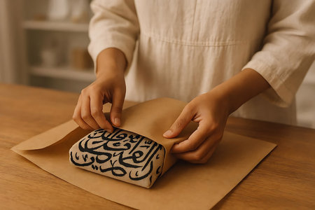 Woman making greeting card with calligraphy in envelope, closeupの素材