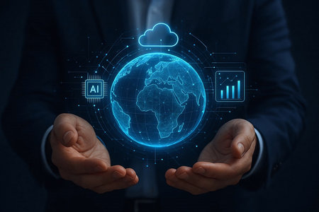 Close up of businessman hands holding digital planet earth with cloud computing interfaceの素材