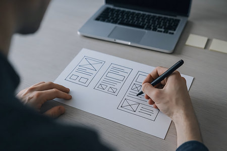 Close-up image of a man's hands holding a pen and drawing a business plan on paperの素材