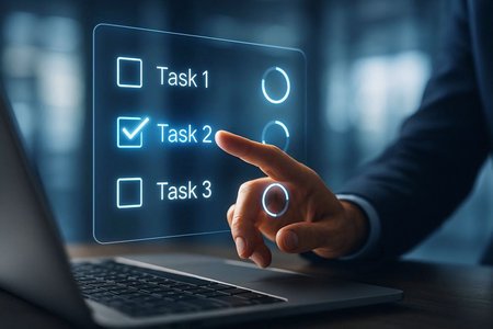 Close up of businessman hand pressing check box on virtual screen. Checklist conceptの素材