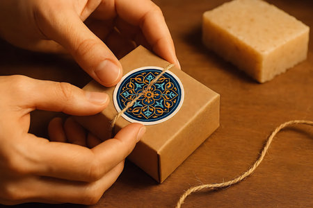 Female hands decorate a gift box with an ornament in the form of a circleの素材