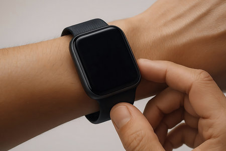 Smartwatch with black screen in hand on white background, closeupの素材