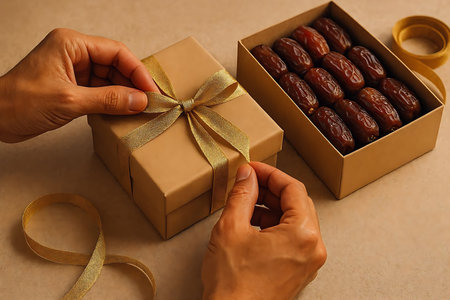 Female hands holding a gift box with dried dates on a light backgroundの素材