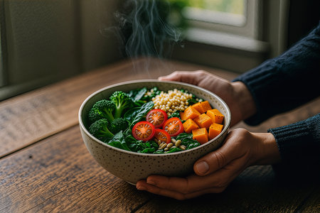 Healthy vegan salad with kale, tomatoes and sesame seeds in a bowlの素材
