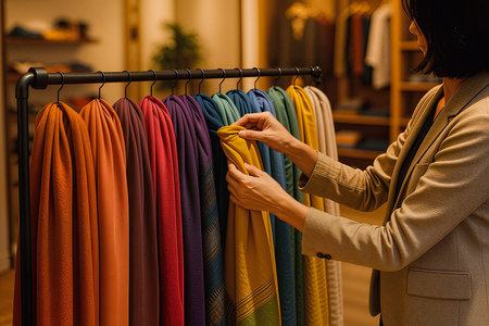 cropped shot of woman choosing clothes on hanger in clothing storeの素材