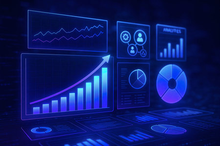 financial charts and graphs on a dark blue background. 3d renderingの素材