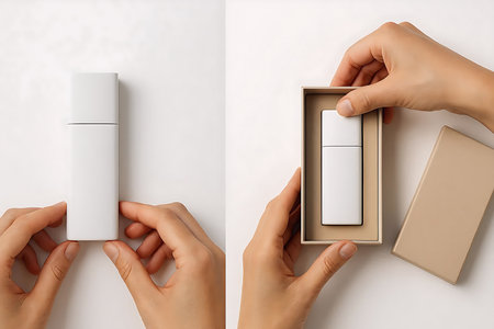 Female hands holding box with light switch on light background, closeupの素材