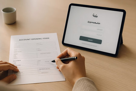 cropped view of woman filling in insurance form on digital tablet with blank screenの素材