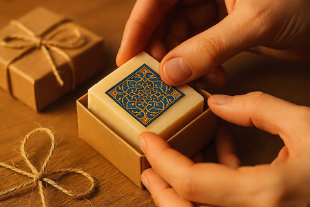Hands of a young woman decorating a gift box with a patternの素材
