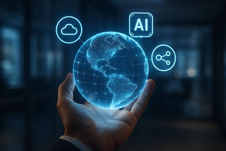 Businessman hand holding globe with cloud computing icons. 3D renderingの素材