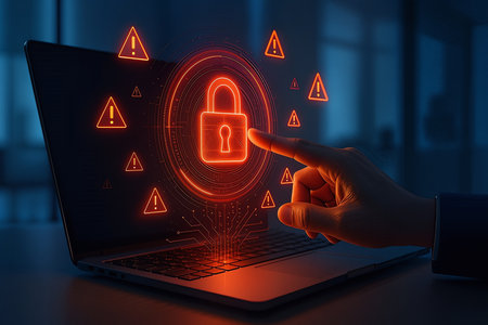 Cyber security and information protection concept. Close up of businessman hand working with laptop on dark office background. Double exposureの素材