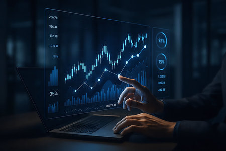 Close up of businesswoman working on laptop at table with virtual panelの素材