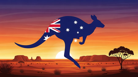 Australian Kangaroo silhouette with Australian flag on sunset background. Vector illustrationの素材