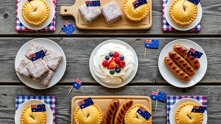 Patriotic holiday concept. American national pies with berries on wooden background top viewの素材