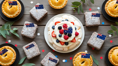 Pies with flags of different countries and berries on a wooden tableの素材