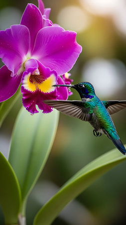 Hummingbird feeding on orchid flower, tropical forest, Costa Ricaの素材