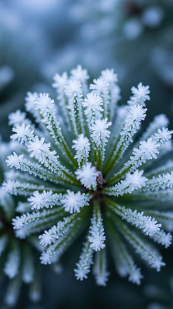 Frozen fir tree branch with snowflakes. Winter background.の素材