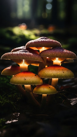 Mushrooms in the dark forest, illuminated by the sun.の素材