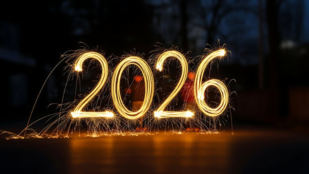 New year 2026 written with sparkler on black background. New year conceptの素材