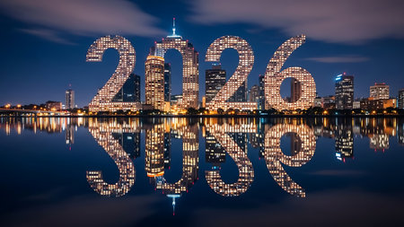 New year 2026 with reflection of cityscape at night in Bangkok, Thailandの素材
