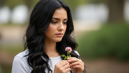 Close up portrait of a beautiful young brunette woman holding a flowerの素材