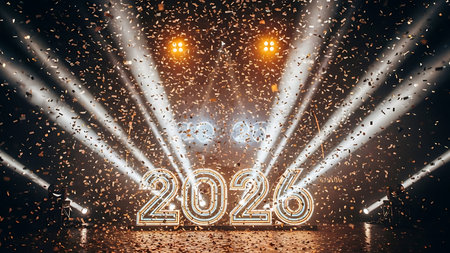 New Year's Eve celebration with snowflakes and disco lights on the stageの素材