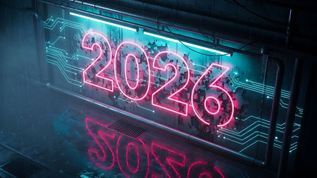 New year 2026 glowing neon sign. 3d rendering toned image double exposureの素材