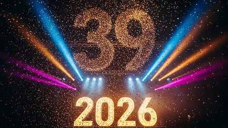 Glowing neon numbers twenty-six and the numbers twenty-six against the background of the stage.の素材