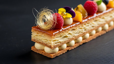 Delicious cake with fruits and berries on black background, closeupの素材