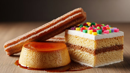 Piece of cake with caramel and candies on a wooden tableの素材