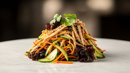 Soba noodles with soy sauce and vegetables on a white plate.の素材
