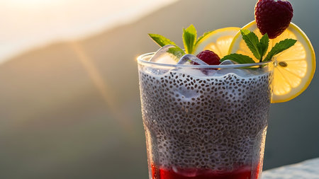 Chia seed pudding with fresh raspberries, lemon and mint in a glassの素材