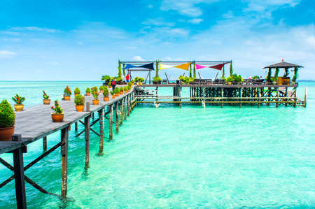 wooden pier with facilities for restの写真素材